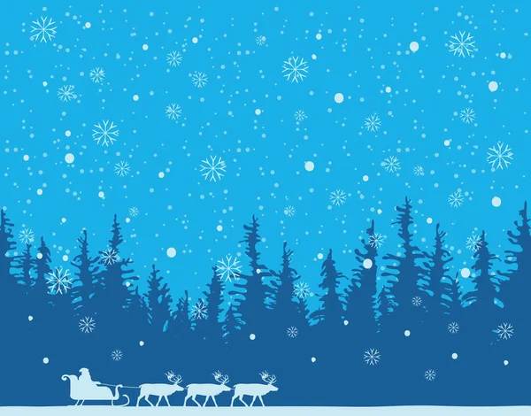 Paesaggio Notturno Invernale Con Sagome Babbo Natale Slitta Una Squadra — Vettoriale Stock