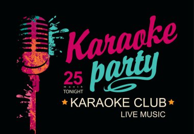 Karaoke kulübü için kaligrafik yazıtlı bir poster ve siyah arka planda soyut parlak bir mikrofon. Vektör bayrağı, el ilanı, davetiye veya bilet