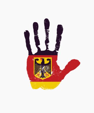 Alman bayrağının renginde bir kartal ile insan el izi. Yaratıcı vektör tasarım ögesi hafif bir arkaplanda izole edildi. Almanya 'nın soyut bayrağı avuç içi izi şeklinde