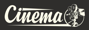 Siyah arkaplanda izole edilmiş eski moda film projektörü ve yazıtlı sinema logosu. Vektör illüstrasyon veya simge, broşür, davet, pankart, poster, web sayfası, etiket için uygun