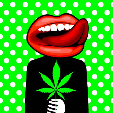 Kafası yerine seksi bir ağzı ve dili olan ve elinde kenevir yaprağı olan bir karakter şeklinde pankart. Marihuana teması üzerine düz bir şekilde yaratıcı vektör çizimi