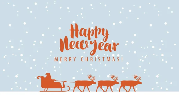 新年快乐 圣诞快乐贺卡或横幅 以卡通风格描绘的矢量图解 配有雪橇上的圣诞老人和一群驯鹿的轮廓 — 图库矢量图片
