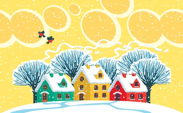 Winter Landscape Snowy Trees Clouds Yellow Sky Cute Colored Houses — Stock Vector