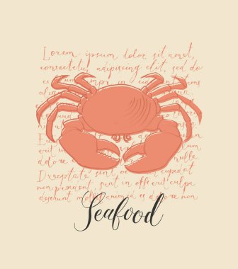 Deniz ürünleri restoranı ya da mağazası için vektör pankartı ya da menü. Büyük bir portakal yengeci ve el yazısı metnin arka planında retro tarzı ipsum yazısıyla elle çizilmiş bir resim.