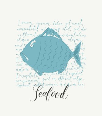 Deniz ürünleri afişi ya da restoran ya da dükkan menüsü. Mavi balıklı vektör illüstrasyonuName.