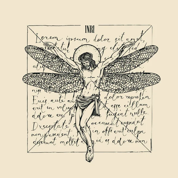 Illustration Dessinée Main Avec Crucifix Inscription Inri Sur Vieux Papier — Image vectorielle