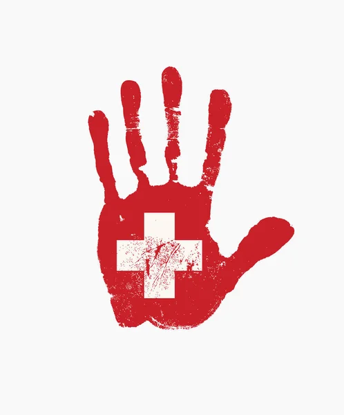 Lidský Otisk Barvách Švýcarské Vlajky Bílým Křížem Červené Dlani Tvůrčí — Stockový vektor