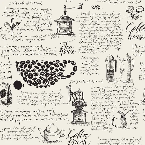 Bezproblémový Vzor Čajové Kávové Téma Kresbami Kuličkami Ručně Psaným Lorem — Stockový vektor