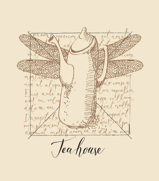 手書き文字のロレム イプサムを背景に 銘茶館とトンボの羽を持つ手描きのティーポットを持つバナー ヴィンテージスタイルの古い紙の上の創造的なお茶のイラスト — ストックベクタ