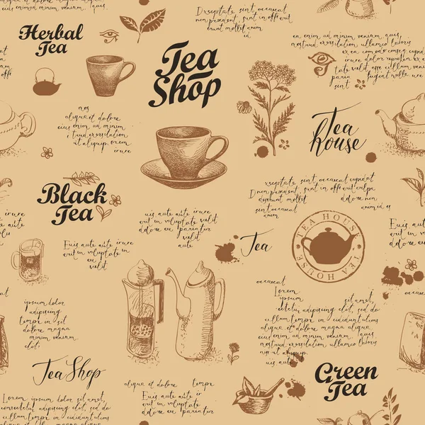 Çay Çay Dükkanının Temasında Kusursuz Desenler Çizimler Yazıtlar Yazısıyla Yazılmış — Stok Vektör