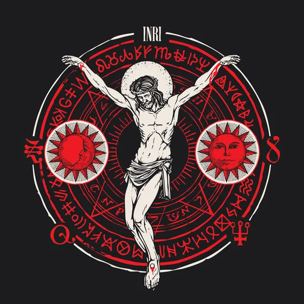 Hand Drawn Crucifix Jesus Christ Sun Moon Alchemical Masonic Symbols — Stock Vector
