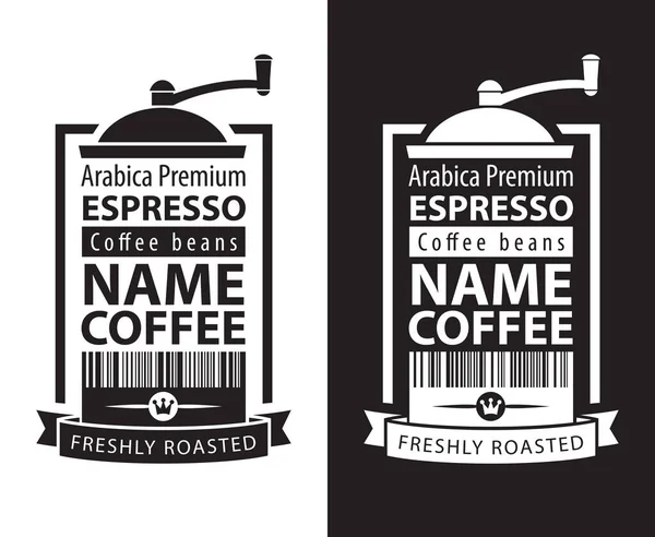 一套两个黑色和白色向量标签的新鲜烤咖啡豆的复古风格 咖啡标签 带有咖啡研磨机 条形码和题词Espresso 阿拉比卡溢价 — 图库矢量图片