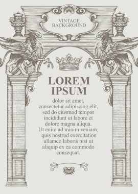 Klasik bina cephesi şeklinde bir sertifika veya diploma için klasik arkaplan veya çerçeve. Elle çizilmiş, Griffin heykelleri ve taç ile süslenmiş antik bir kemer ile vektör çizimi