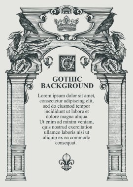 Gotik arka plan ya da diploma çerçevesi ya da klasik bina cephesi şeklinde sertifika. Elle çizilmiş illüstrasyon. Griffinler ve siyah kuzgunlarla süslenmiş kadim kemer.
