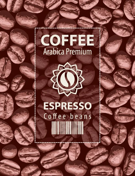 バーコード 言葉で装飾的なコーヒー豆とコーヒーラベルEspresso 現実的なコーヒー豆の背景にアラビカプレミアム — ストックベクタ