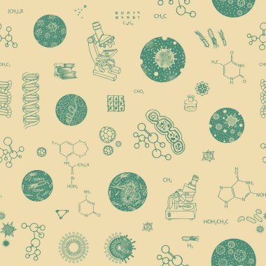 Biyoloji, tıp, genetik, biyokimya temalı kusursuz bir model. Bakteri hücreleri ve mikroskoplarla arka planı tekrar eden vektör. Duvar kağıdı, ambalaj kağıdı, kumaş için uygun.