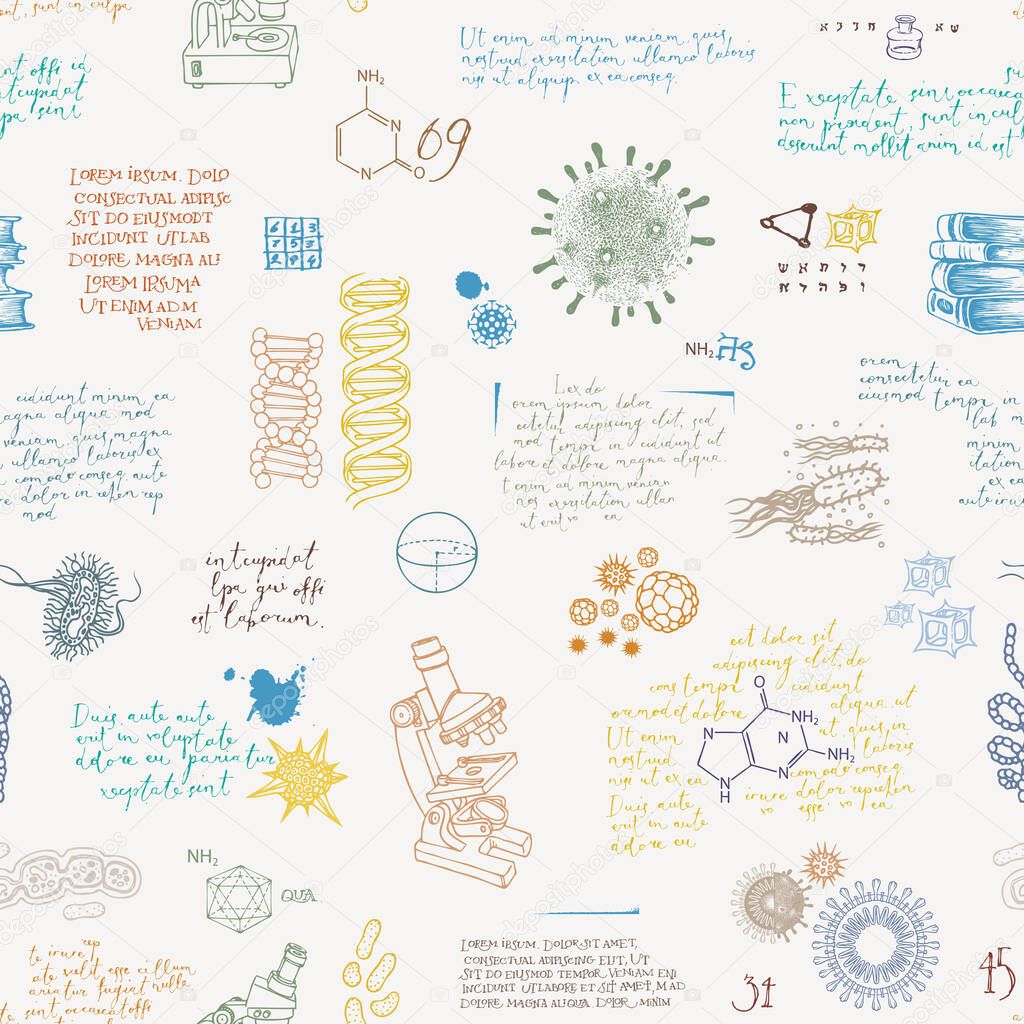 Abstract seamless pattern on the theme of chemistry, biology, genetics, medicine, research and education. Hand-drawn vector background with colored handwritten text lorem ipsum and sketches