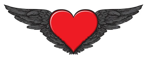 Uçan Kalp Aydınlık Bir Arkaplanda Izole Edilmiş Siyah Kanatlı Kırmızı — Stok Vektör
