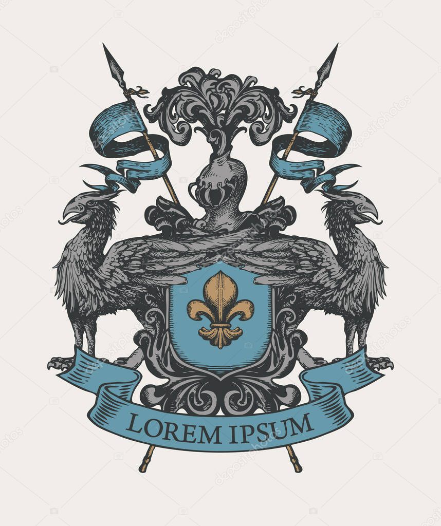 A medieval heraldic Coat of arms with shield, knightly armor, spears, helmet, griffins, ribbon and fleur de lis. Vector heraldry, emblem, sign, symbol. Hand-drawn color image in vintage style.