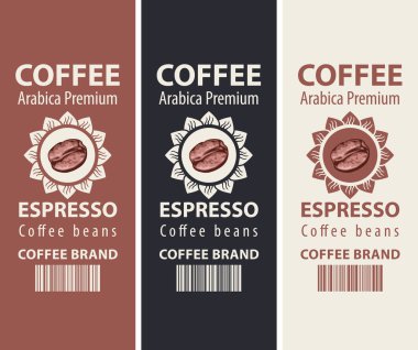 Kahve çekirdekleri için kahve etiketleri. Ayçiçeği, barkod ve sözcüklerle gerçekçi kahve çekirdeği içeren vektör etiketleri, Espresso, Arabica primi