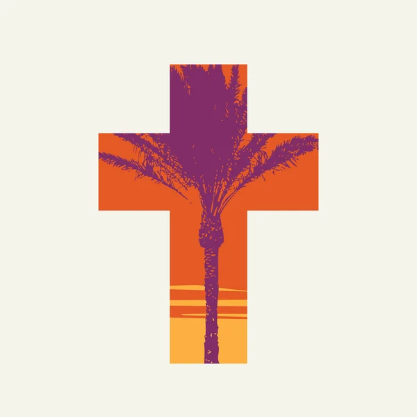 棕榈周日交叉隔离在轻背景 日落时 带有棕榈树轮廓的基督教十字架的标志 矢量插图 宗教符号 T恤衫设计 设计元素 — 图库矢量图片