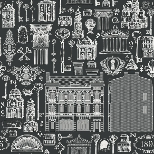 Seamless pattern on the theme of architecture, houses and buildings. Black and white vector background with hand-drawn vintage buildings, architectural elements and old keys. Wallpaper, wrapping paper