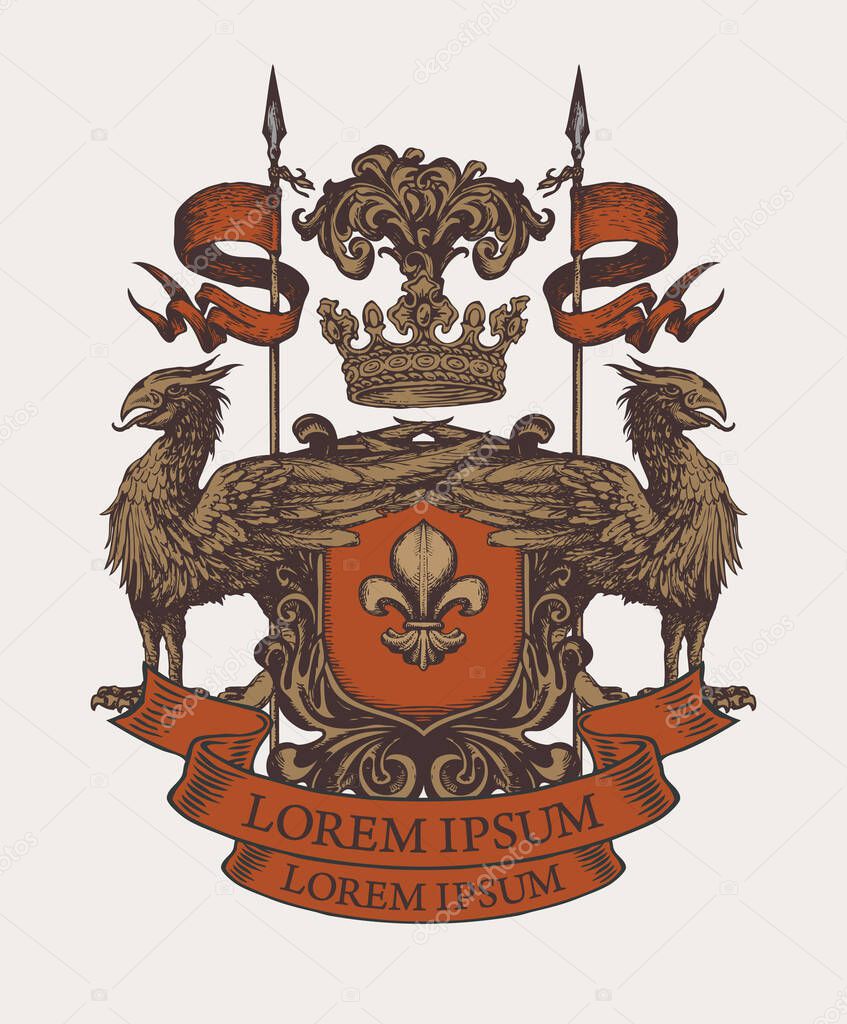 Medieval heraldic Coat of arms in vintage style with shield, knightly armor, spears, crown, griffins, fleur de lis and ribbon. Vector heraldry, emblem, sign, symbol. Hand-drawn image.