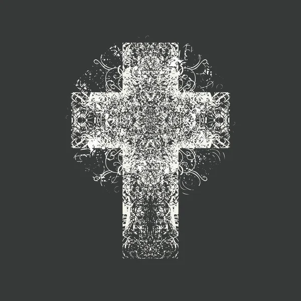 十字架基督教十字架的标志 带有抽象的卷曲 背景为黑色 风格粗俗 创意矢量图解 宗教符号 T恤衫设计 设计元素 — 图库矢量图片