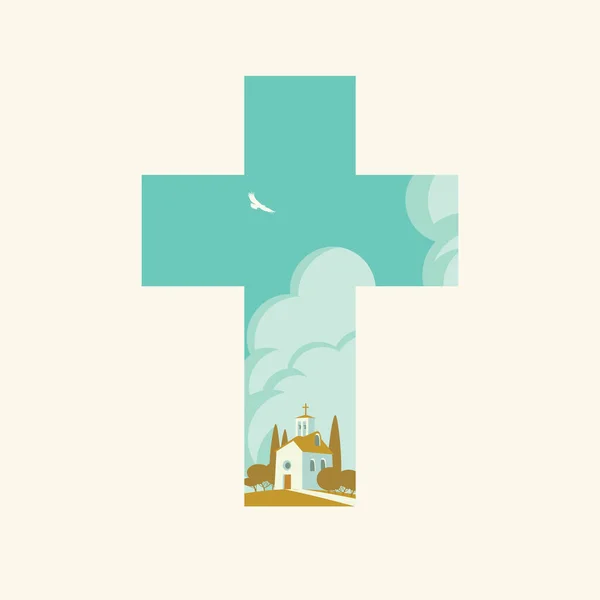 Pascua Cruz Cristiana Con Caricatura Paisaje Iglesia Ilustración Vectorial Decorativa — Vector de stock