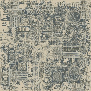 Klasik sanat, mobilya ve antika teması üzerinde soyut, pürüzsüz desenler. Eskimiş vektör arkaplanı grunge tarzında çizimler ve çizimlerle. Duvar kağıdı, ambalaj kağıdı, kumaş için uygun.