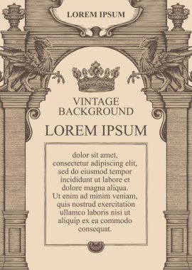 Klasik bina cephesi şeklinde bir sertifika veya diploma için klasik arkaplan veya çerçeve. Elle çizilmiş, Griffin heykelleri ve taç ile süslenmiş antik bir kemer ile vektör çizimi