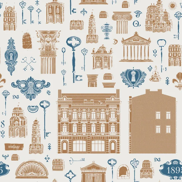 Seamless Pattern Theme Architecture Houses Buildings Repeating Vector Background Vintage — Stock Vector