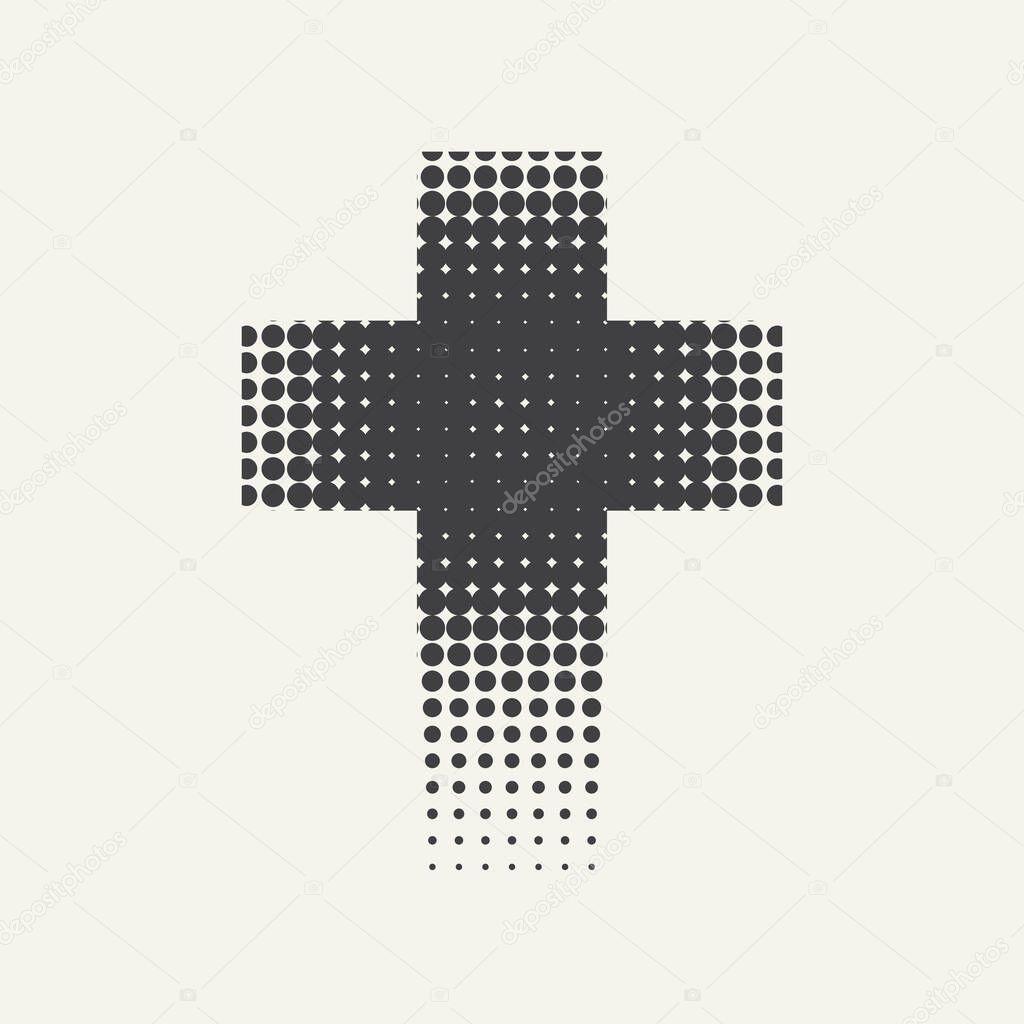 Dotted black religious cross isolated on a light background. Vector halftone pattern of religious cross icon made of circle items. Religious symbol, icon, t-shirt design, logo, design element.