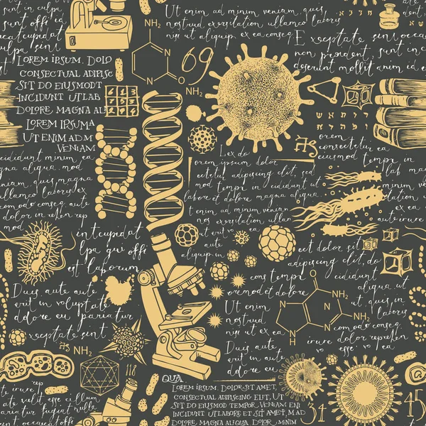 Patrón Sin Costura Dibujado Mano Sobre Tema Científico Química Genética — Archivo Imágenes Vectoriales