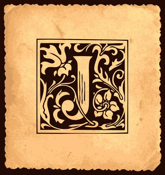 ヴィンテージスタイルの古い紙の背景にバロック様式の装飾と黒の初期文字J モノグラム エンブレム グリーティングカード 招待状に適した美しいフィギュアの大文字J — ストックベクタ