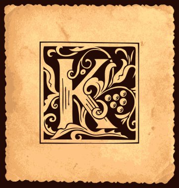 Eski bir kağıt zemin üzerinde eski tarz Barok dekorasyonlu siyah K harfi. Tebrik kartı, davetiye, monogram, amblem için uygun güzel filigran büyük harf