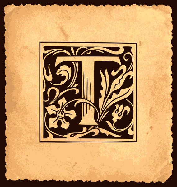 ヴィンテージスタイルの古い紙の背景にバロック様式の装飾が施された黒の初期文字T モノグラム エンブレム グリーティングカード 招待状に適した美しいフィギュア文字T — ストックベクタ