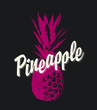 Süslü kırmızı ananaslı vektör pankartı ve siyah arkaplanlı beyaz kaligrafik yazı. Davetiye, tebrik kartı, poster, tişört tasarımı için uygun