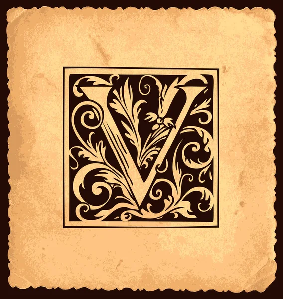 古い紙の背景にヴィンテージスタイルでバロック様式の装飾と黒の初期文字V グリーティングカード モノグラム 招待状 エンブレムに適した美しい華やかな大文字V — ストックベクタ