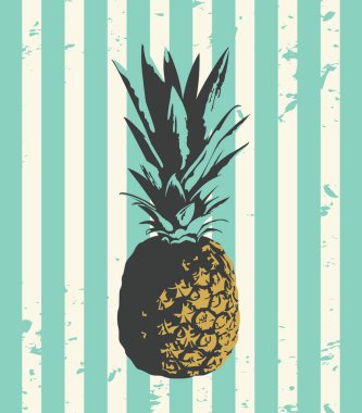 Grunge çizgili arka planda tüm ananas meyvesi yakın plan. Tatlı bir tropikal meyvenin vektör çizimi. Yapraklı gerçekçi olgun ananas. Davetiyeler, tebrik kartları, posterler için uygun