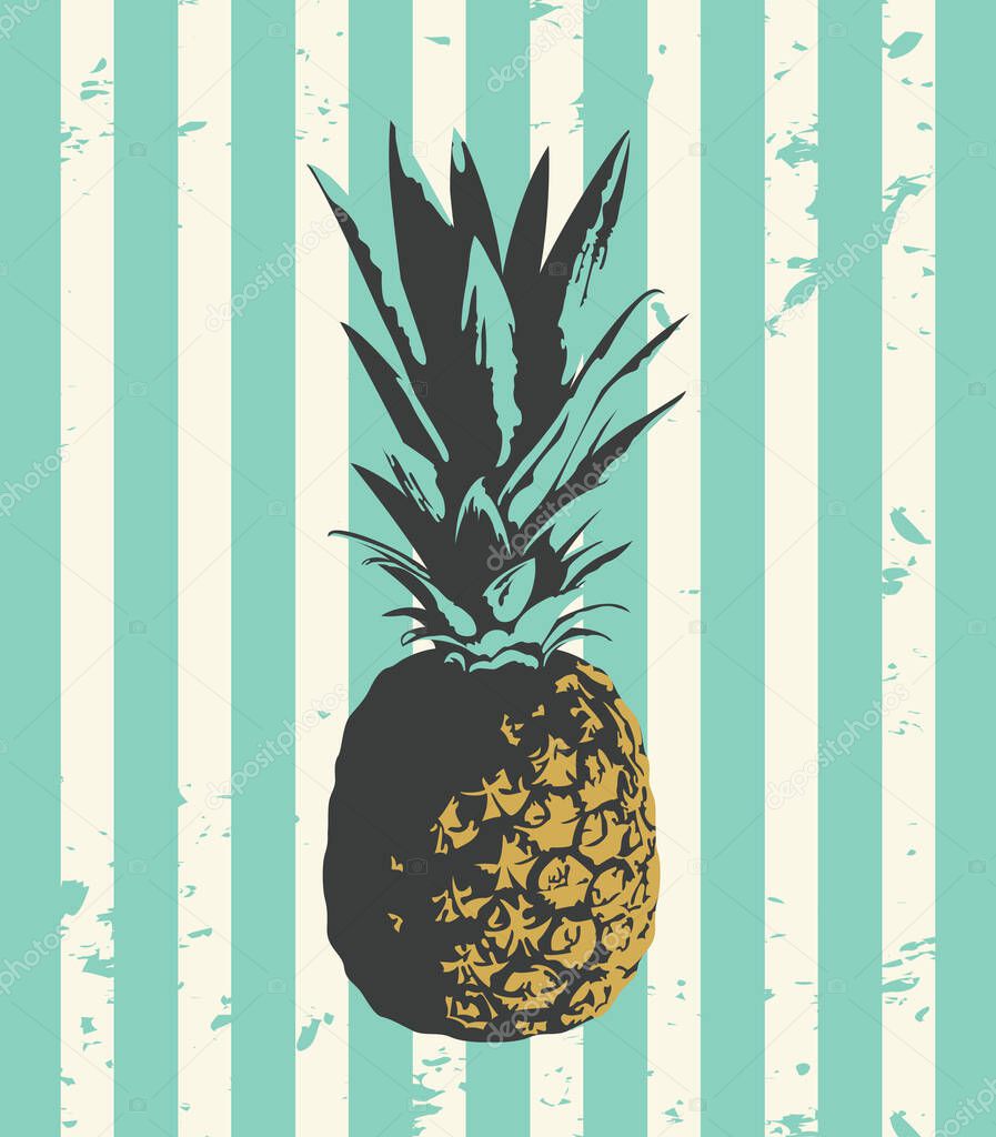 Fruta entera de piña de cerca sobre fondo rayado grunge. Ilustración