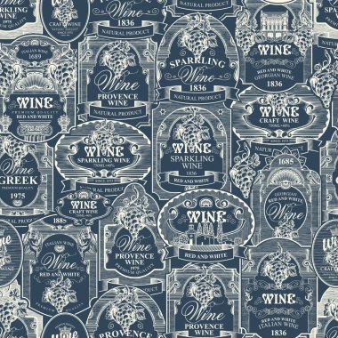 Koyu arkaplanda şekilli çerçevelerde elle çizilmiş şarap etiketleri olan kusursuz bir desen. Şarap temalı tek renkli vektör arkaplanı. Duvar kağıdı, ambalaj kağıdı, kumaş için uygun