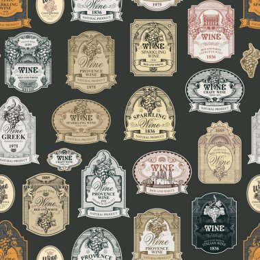 Eski tarz koyu bir arka planda süslü el yapımı şarap etiketleri olan kusursuz bir desen. Şarap ve şarap teması için vektör arkaplanı tekrarlanıyor. Duvar kağıdı, ambalaj kağıdı, kumaş için uygun
