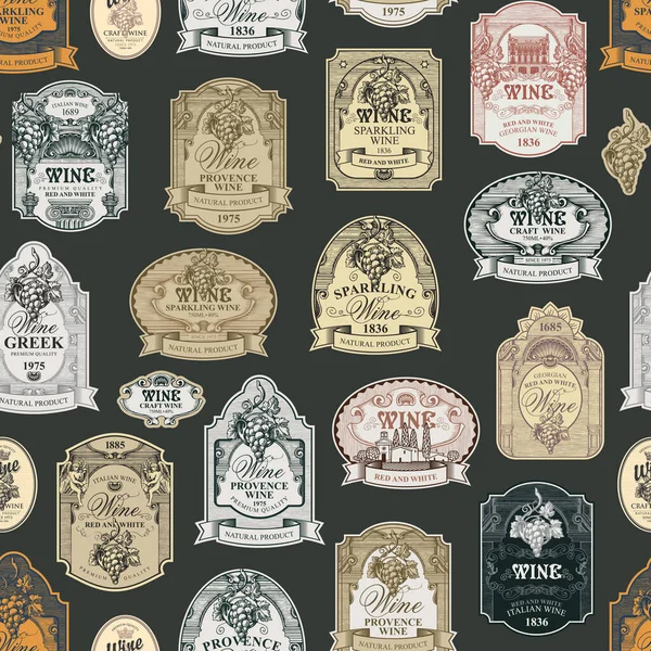 Eski tarz koyu bir arka planda süslü el yapımı şarap etiketleri olan kusursuz bir desen. Şarap ve şarap teması için vektör arkaplanı tekrarlanıyor. Duvar kağıdı, ambalaj kağıdı, kumaş için uygun