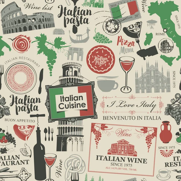 Motif Abstrait Sans Couture Sur Thème Italie Cuisine Italienne Aux — Image vectorielle