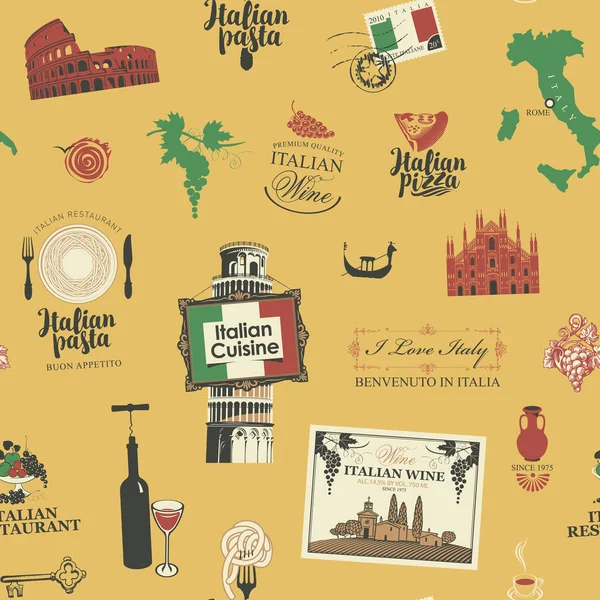 Абстрактный Узор Тему Италии Итальянской Кухни Горстоцветном Фоне Стиле Ретро — стоковый вектор
