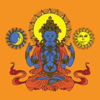 El yapımı Krishna, Güneş ve Ay 'ın turuncu arka planda olduğu pankart. Lotus pozisyonunda meditasyon yapan bir Krishna 'nın dekoratif vektör çizimi. Krishnaism dininde Yüce Tanrı