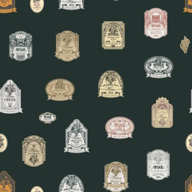 Dekoratif el yapımı şarap etiketleriyle kusursuz desenli siyah bir arkaplanda. Şarap ve şarap teması için vektör arkaplanı tekrarlanıyor. Duvar kağıdı, ambalaj kağıdı, kumaş için uygun