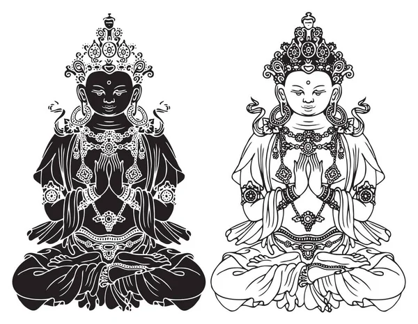 Buda Shakyamuni Dibujado Mano Sabio Fundador Del Budismo Dos Ilustraciones — Vector de stock