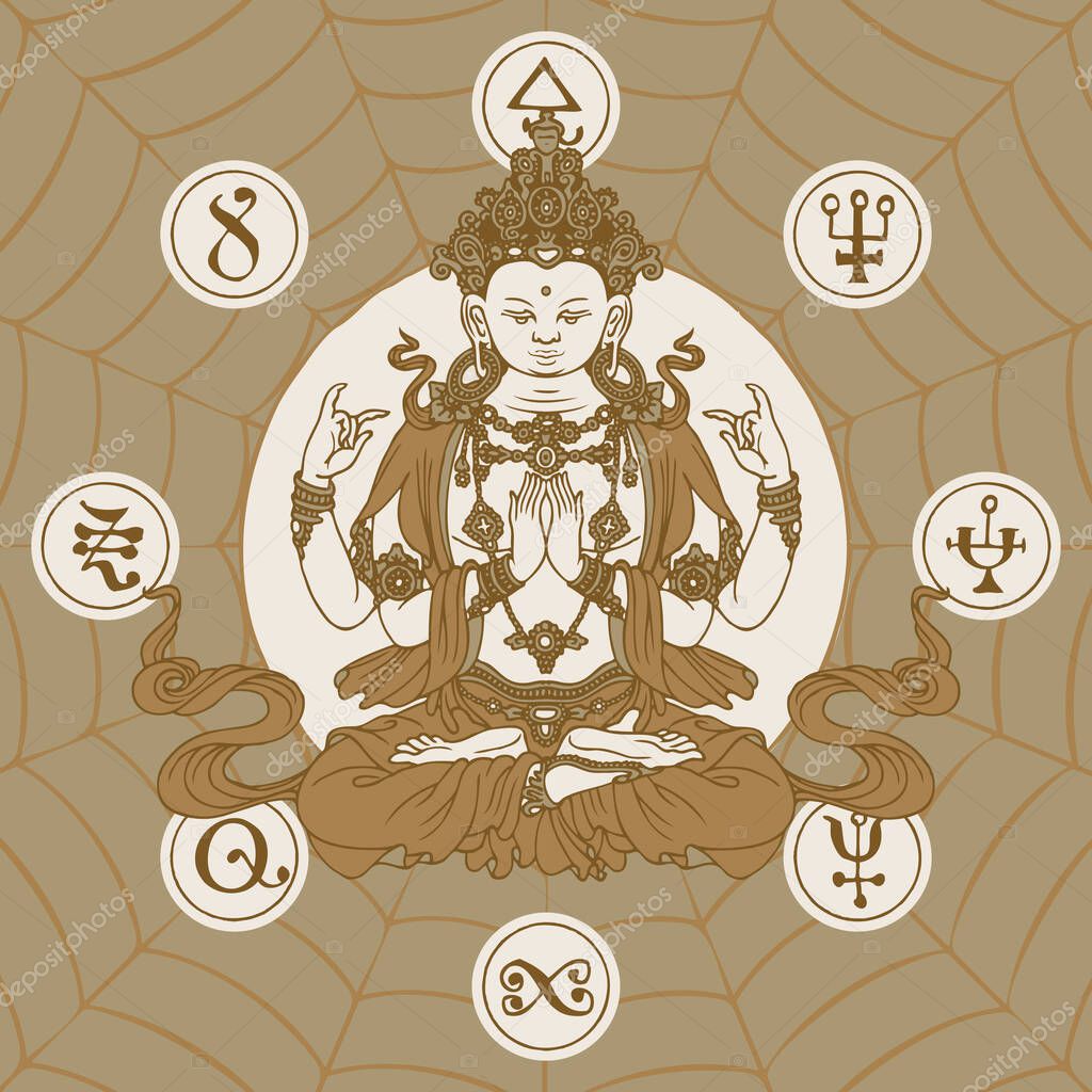 Banner with a sitting Buddha meditating in the lotus position. Hand-drawn vector illustration of a four-armed Buddhist or Hindu god on a light background. Suitable for greeting card, poster, talisman